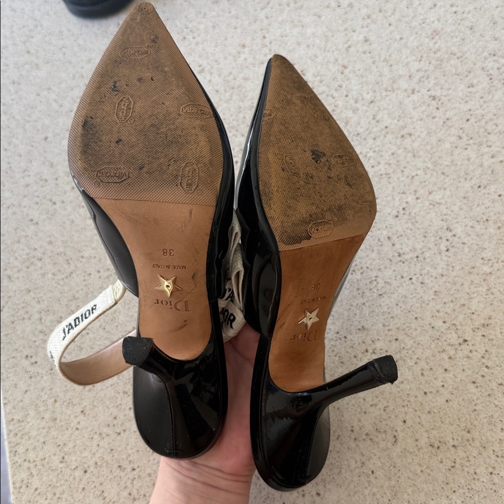 Dior Black Patent Pointed-Toe Slingback Heels with J'Adior Ivory Strap - Picture 7 of 7